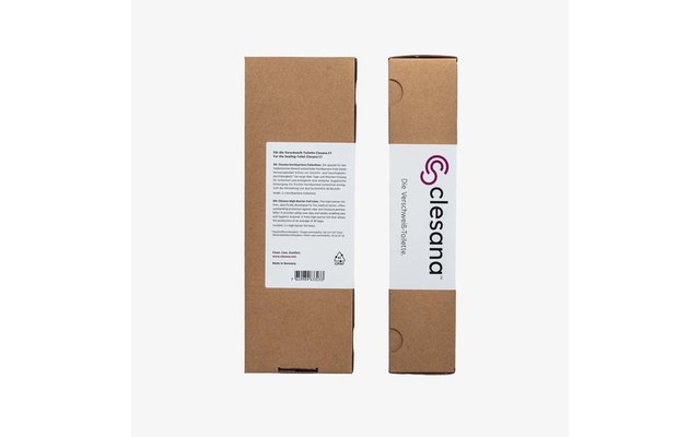 Zwei schmale braune Kartons nebeneinander auf weißem Hintergrund; links Rückseite mit weißem Etikett, Text und Barcode, rechts Vorderseite mit weißem Mittelstreifen und 'clesana'-Logo