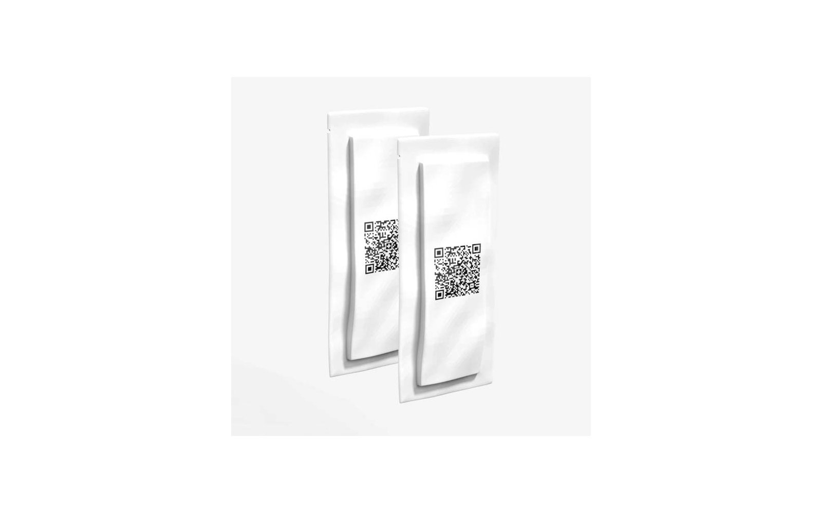 Zwei weiße Verpackungen, jeweils mit einem QR-Code