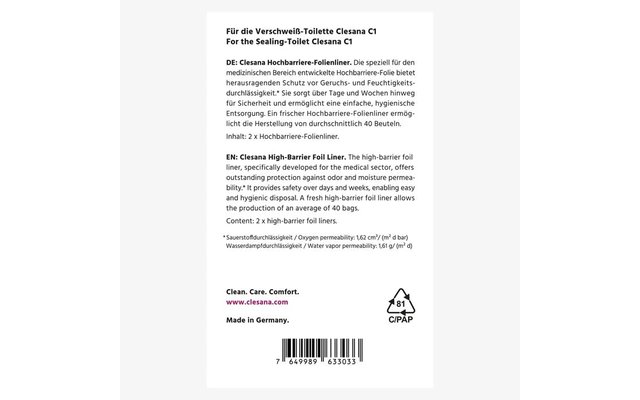 Rückseite einer Verpackung mit Text zu ‚Clesana C1‘ (Deutsch/Englisch), Barcode, www.clesana.com, ‚Made in Germany‘ und einem Recycling-Symbol