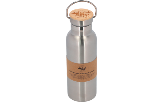 Bouteille en acier inoxydable avec bouchon en bois et bande en papier brun