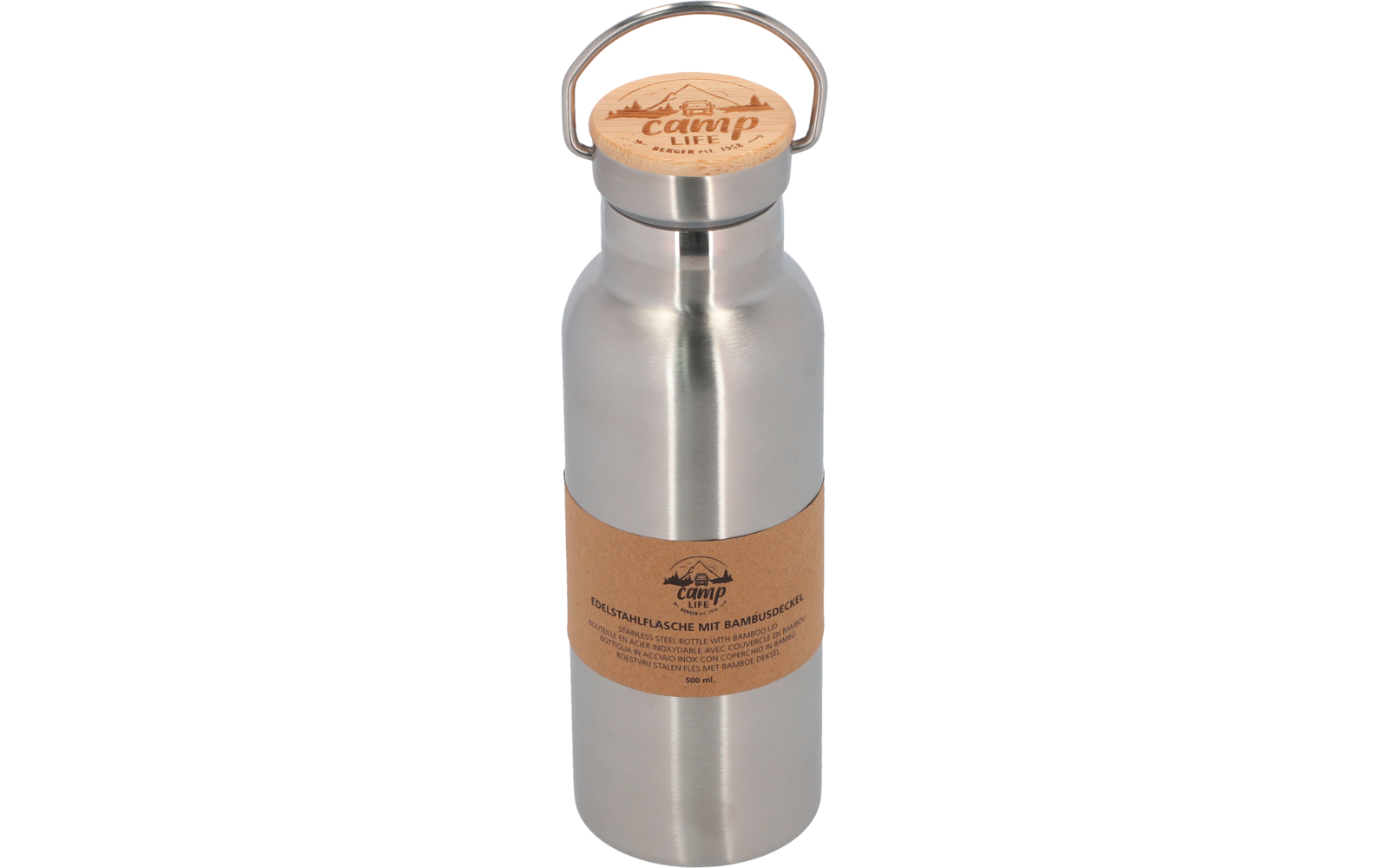 Bouteille en acier inoxydable avec bouchon en bois et bande en papier brun