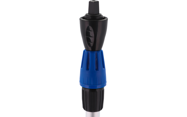 Blauwe en zwarte connector met vier metalen contacten