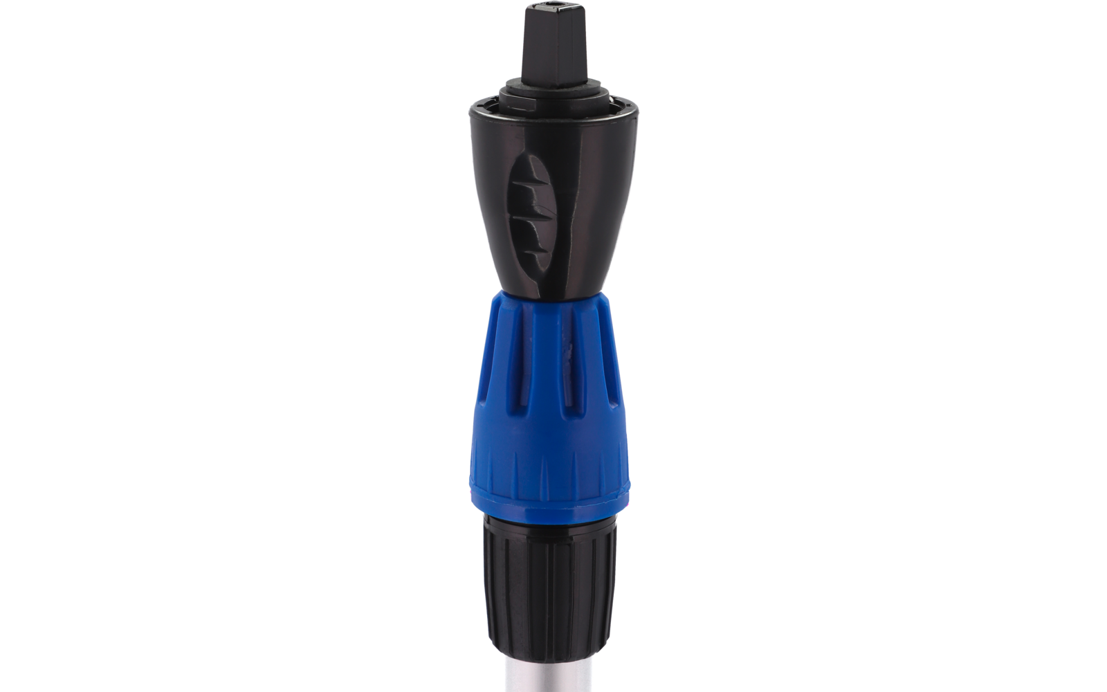 Blauwe en zwarte connector met vier metalen contacten