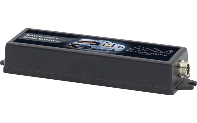 Rechteckiges schwarzes Elektronikgehäuse mit Etikett, auf dem ein Auto abgebildet ist, und einem Metallgewindeanschluss an der rechten Seite