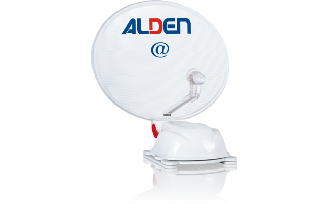 Weiße runde Satellitenschüssel mit blau-rotem ALDEN-Logo und blauem @-Symbol, montiert auf weißer Basis mit LNB-Arm und rotem Hebel
