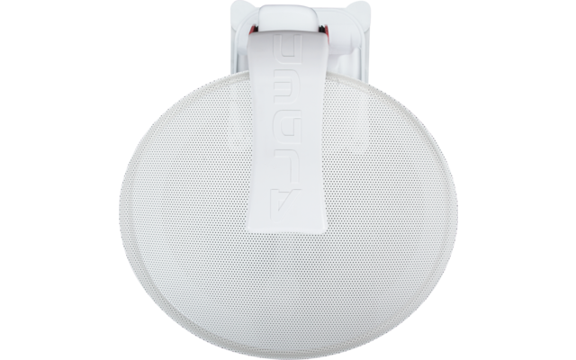 Weißer, runder Kopfhörer-Ohrbecher mit perforierter Vorderseite und weißer Bügelhalterung