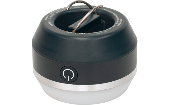 Rundes schwarzes Gerät mit silbernem Rand, weißem opaken Unterteil, vorderlicher Ein-/Aus-Taste mit Ein-/Aus-Symbol, oben zwei gebogene Metallbügel und ein rechteckiger schwarzer Hebel