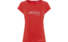 T-shirt donna rossa a maniche corte con scollo rotondo, stampa bianca di linee montane sul davanti e logo Vaude bianco sull'orlo
