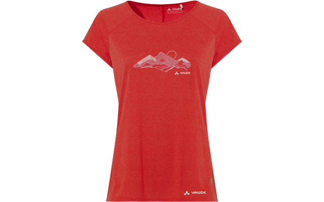 Rotes Damen-T-Shirt mit kurzen Ärmeln und Rundhalsausschnitt, weißer Berglinien-Print auf der Vorderseite und weißes Vaude-Logo am Saum