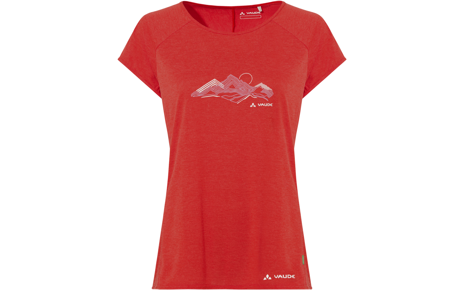 Rotes Damen-T-Shirt mit kurzen Ärmeln und Rundhalsausschnitt, weißer Berglinien-Print auf der Vorderseite und weißes Vaude-Logo am Saum