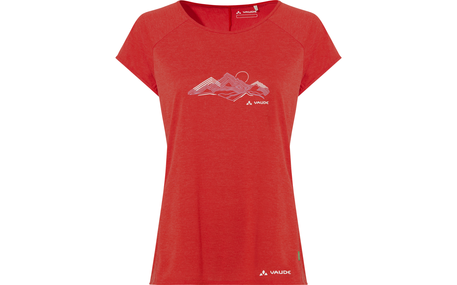 T-shirt donna rossa a maniche corte con scollo rotondo, stampa bianca di linee montane sul davanti e logo Vaude bianco sull'orlo