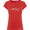 Rotes Damen-T-Shirt mit kurzen Ärmeln und Rundhalsausschnitt, weißer Berglinien-Print auf der Vorderseite und weißes Vaude-Logo am Saum