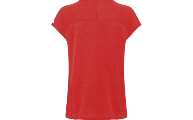 Rotes kurzärmeliges Oberteil, Rückansicht, angeschnittene Ärmel, horizontale Naht im oberen Rücken, kleines weißes Zeichen nahe linker Schulter