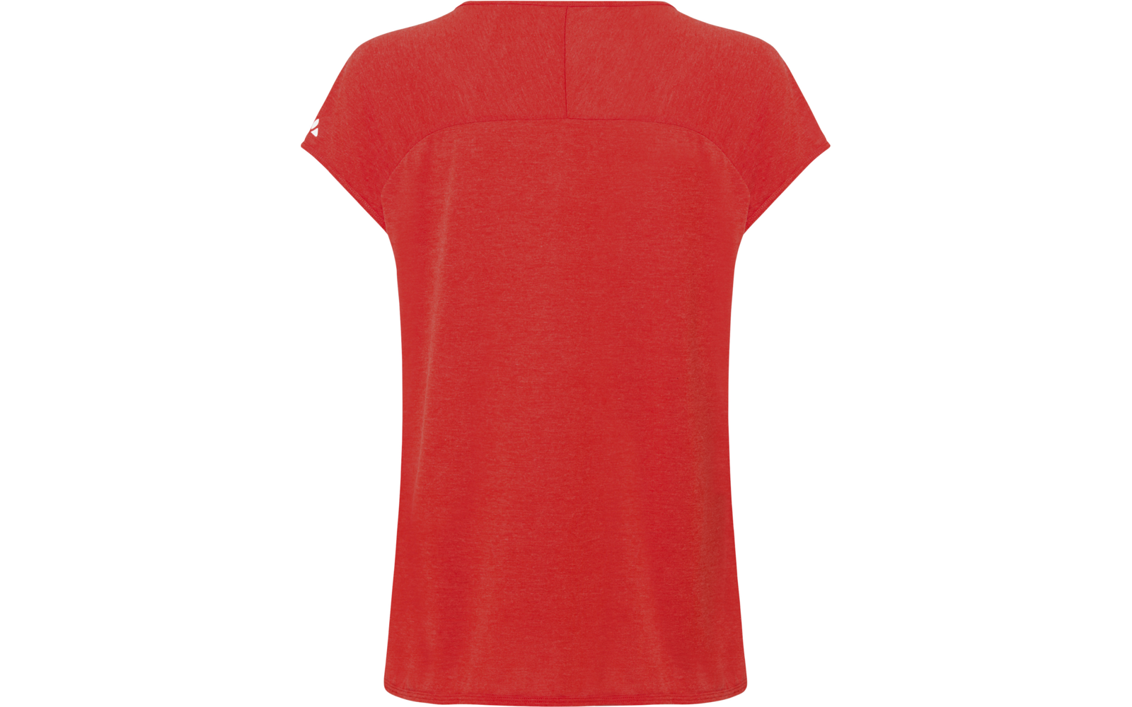 Rotes kurzärmeliges Oberteil, Rückansicht, angeschnittene Ärmel, horizontale Naht im oberen Rücken, kleines weißes Zeichen nahe linker Schulter