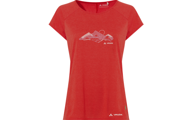 T-shirt donna rossa a maniche corte con scollo rotondo, stampa bianca di linee montane sul davanti e logo Vaude bianco sull'orlo