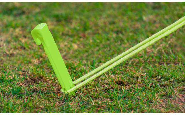 Green plastic stake with two neon-green cords, pushed into grass