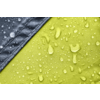 Green textured fabric with scattered water droplets and a diagonal gray fabric strip in the top left