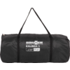 Black cylindrical duffel bag with two black carrying straps, zipper, and white printed text 'BRUNER OUTDOOR IN MOTION KALINDA 5'