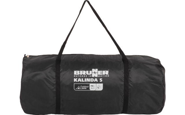 Black cylindrical duffel bag with two black carrying straps, zipper, and white printed text 'BRUNER OUTDOOR IN MOTION KALINDA 5'