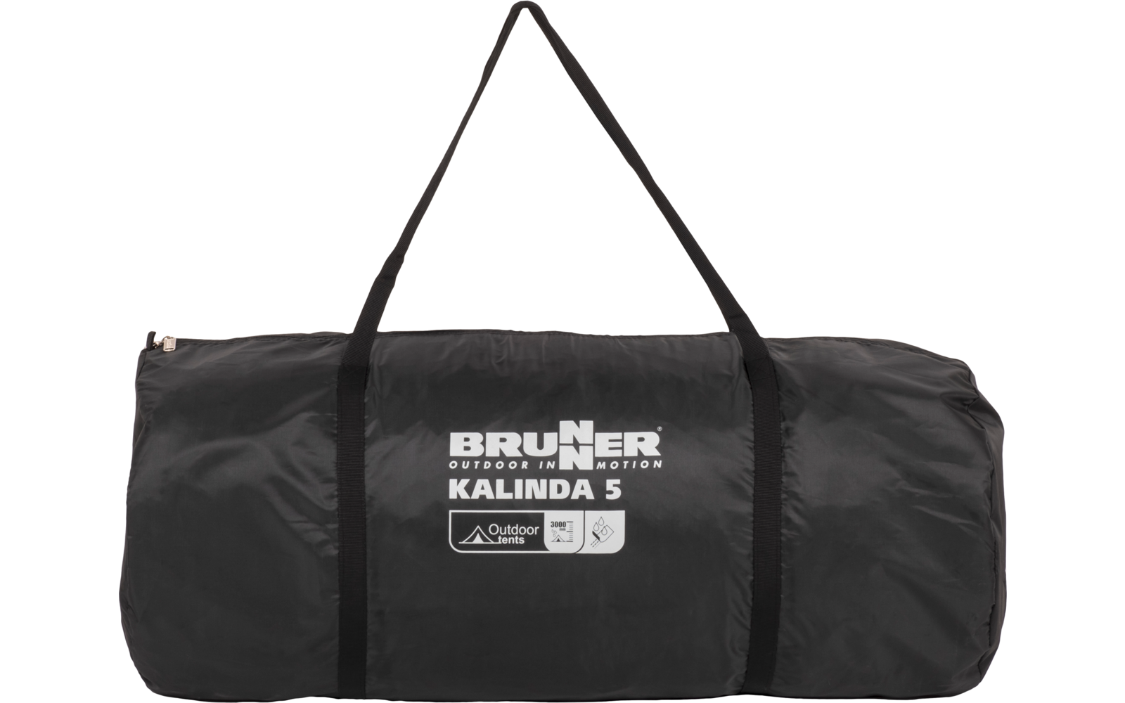 Black cylindrical duffel bag with two black carrying straps, zipper, and white printed text 'BRUNER OUTDOOR IN MOTION KALINDA 5'