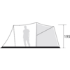 Cross-section of a tent showing the silhouette of a standing person in the left section, an adjacent right section, and a vertical dimension line on the right labeled 195 cm