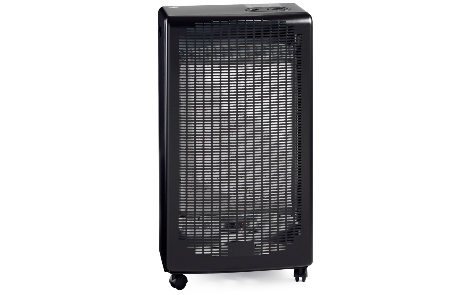 Schwarzes, rechteckiges Gerät mit vertikalem Gitter an der Vorderseite, Bedienfeld oben und vier Rollen unten