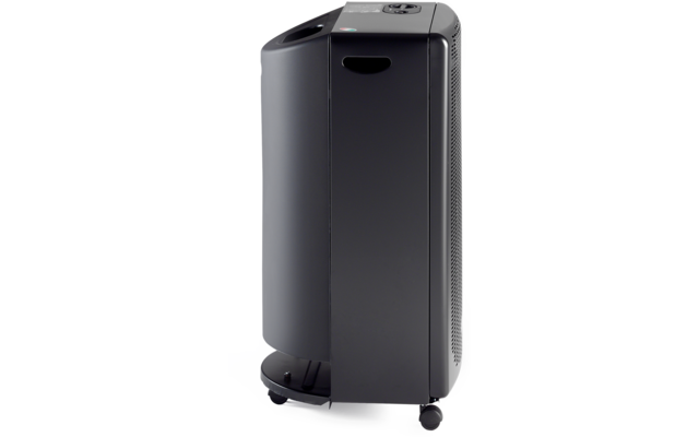 Graues, schlankes, rechteckiges Standgerät auf Rollen mit abgerundeter Vorderkante, seitlichen Lüftungsschlitzen und sichtbarem Bedienfeld oben