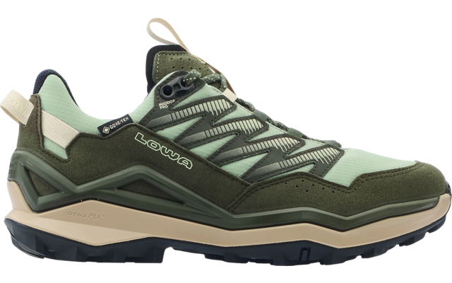 Side view of a low shoe in olive and mint green with a beige sole, quick-lace system, heel pull tab and Lowa logo