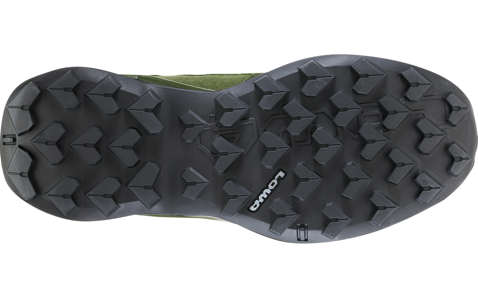 Underside of a shoe sole, black rubber outsole with triangular lugs, white LOWA logo, green upper edge visible
