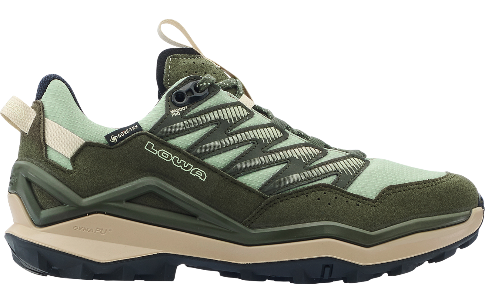 Side view of a low shoe in olive and mint green with a beige sole, quick-lace system, heel pull tab and Lowa logo