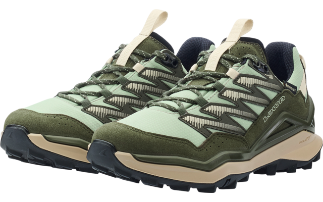 Pair of green-beige lace-up shoes with heel pull tabs and black treaded rubber soles