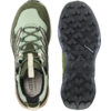 Two views of an olive green shoe on a white background: left top view with laces and light beige tongue, right view of the black lug sole showing the LOWA text