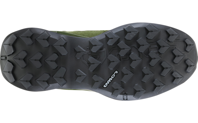 Underside of a shoe sole, black rubber outsole with triangular lugs, white LOWA logo, green upper edge visible