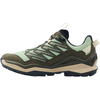 Seitenansicht eines olivgrünen Schuhs mit hellgrünem Oberteil, dunklen Verstärkungen, beige-grauer Sohle, Schnürsenkeln und Fersenlasche