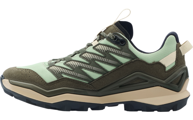 Side view of an olive-green shoe with a light green upper, dark overlays, beige-gray sole, laces and heel pull tab