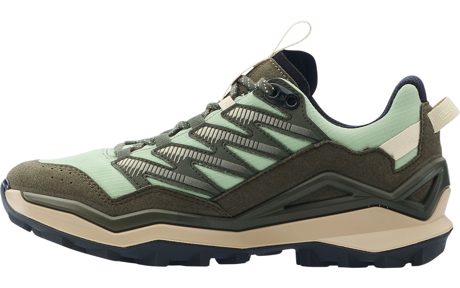 Side view of an olive-green shoe with a light green upper, dark overlays, beige-gray sole, laces and heel pull tab