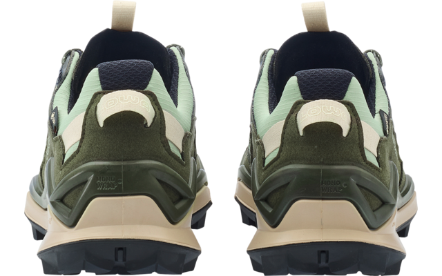 Pair of green sneakers, rear view side by side, light green and dark green materials, beige midsole, black lugged outsole, heel pull tabs, dark inner lining