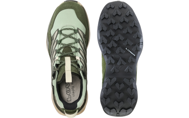Two views of an olive green shoe on a white background: left top view with laces and light beige tongue, right view of the black lug sole showing the LOWA text
