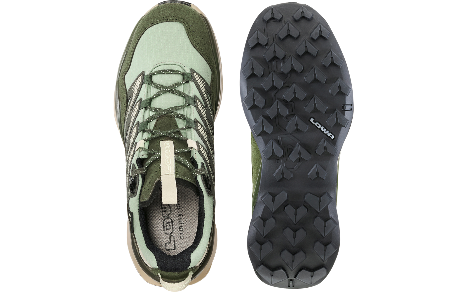 Two views of an olive green shoe on a white background: left top view with laces and light beige tongue, right view of the black lug sole showing the LOWA text