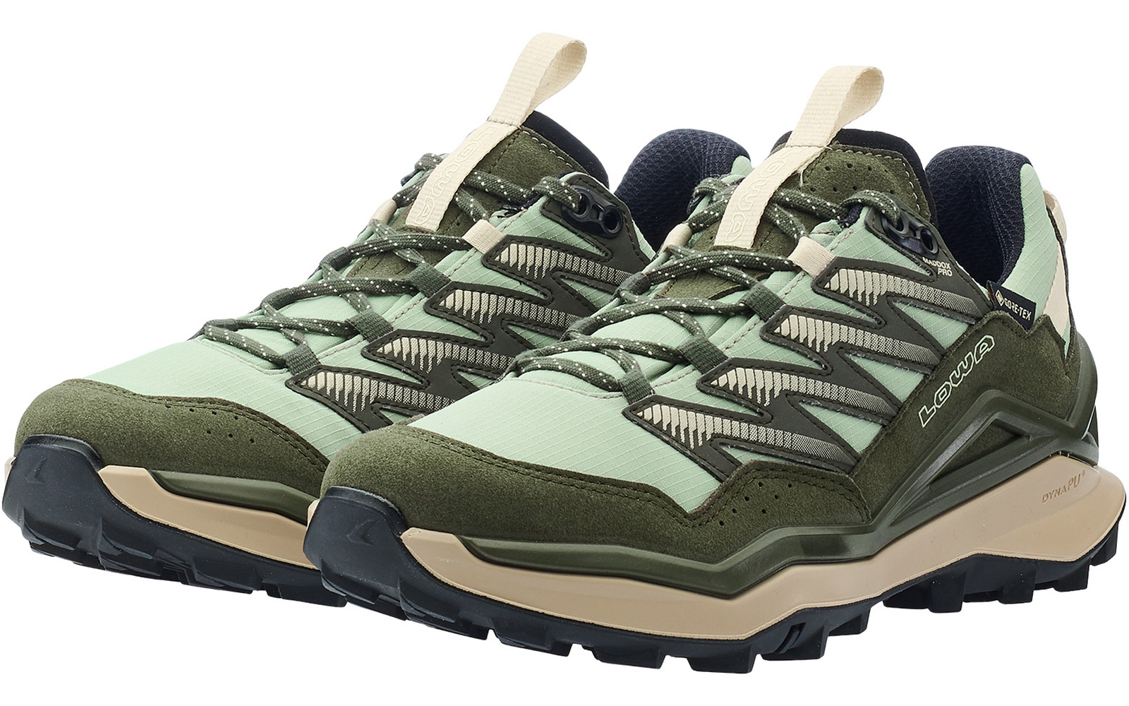 Ein Paar grün-beige Schnürschuhe mit Zuglaschen an der Ferse und schwarzer, profillierter Gummisohle