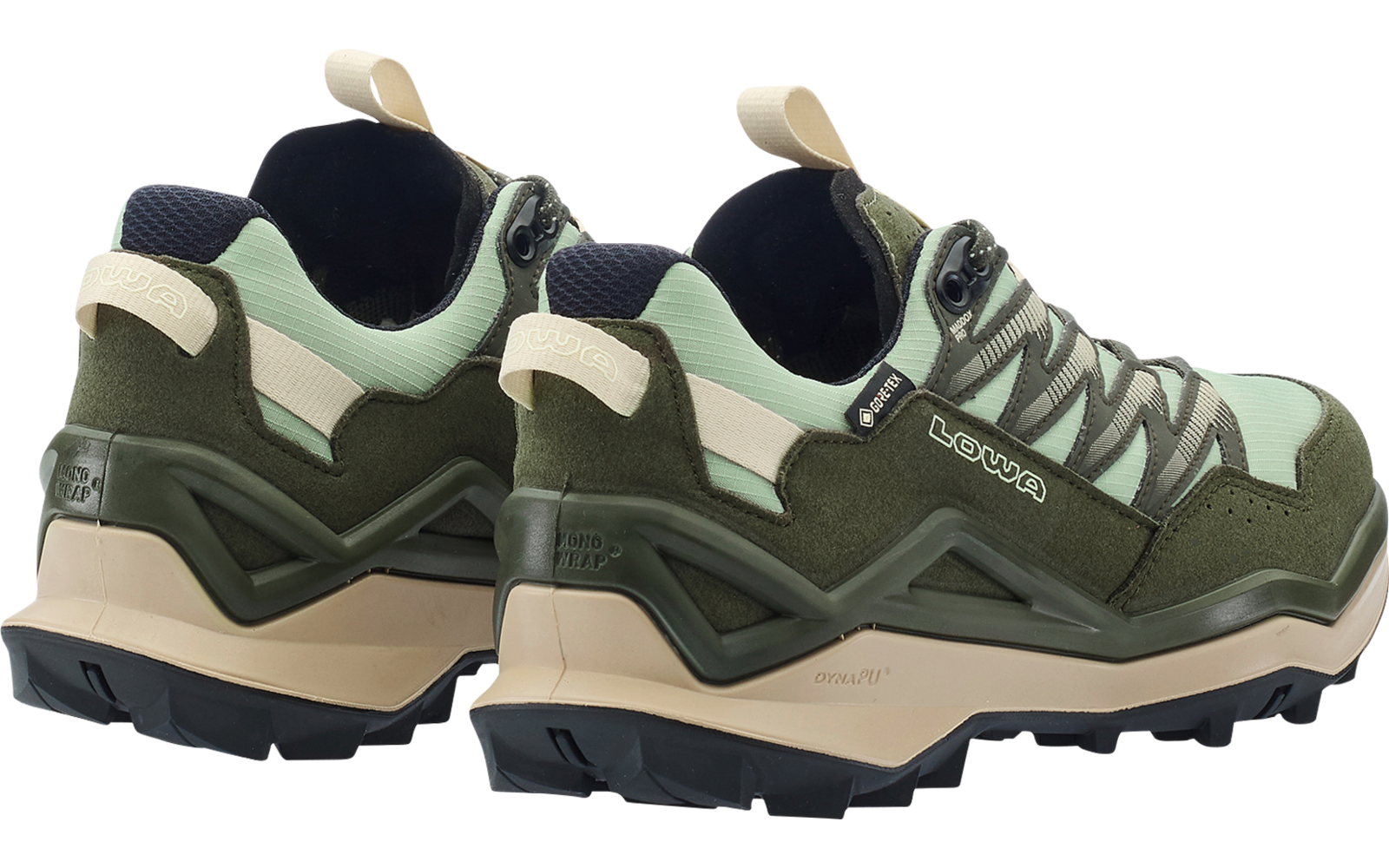 Pair of green hiking shoes with beige and black soles, rear-side view
