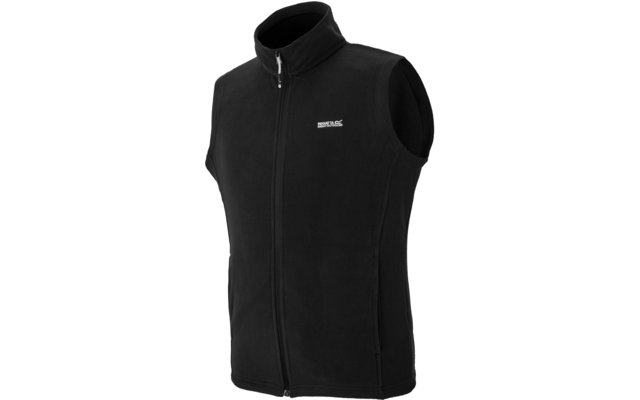Zwarte mouwloze fleecevest met rits over de hele lengte, opstaande kraag, zijzakken en klein wit logo op de bovenborst
