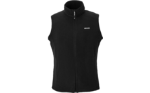 Zwarte mouwloze fleece-vest met rits over de hele lengte, opstaande kraag, twee zijritstassen en klein wit logo op de linkerborst, op witte achtergrond