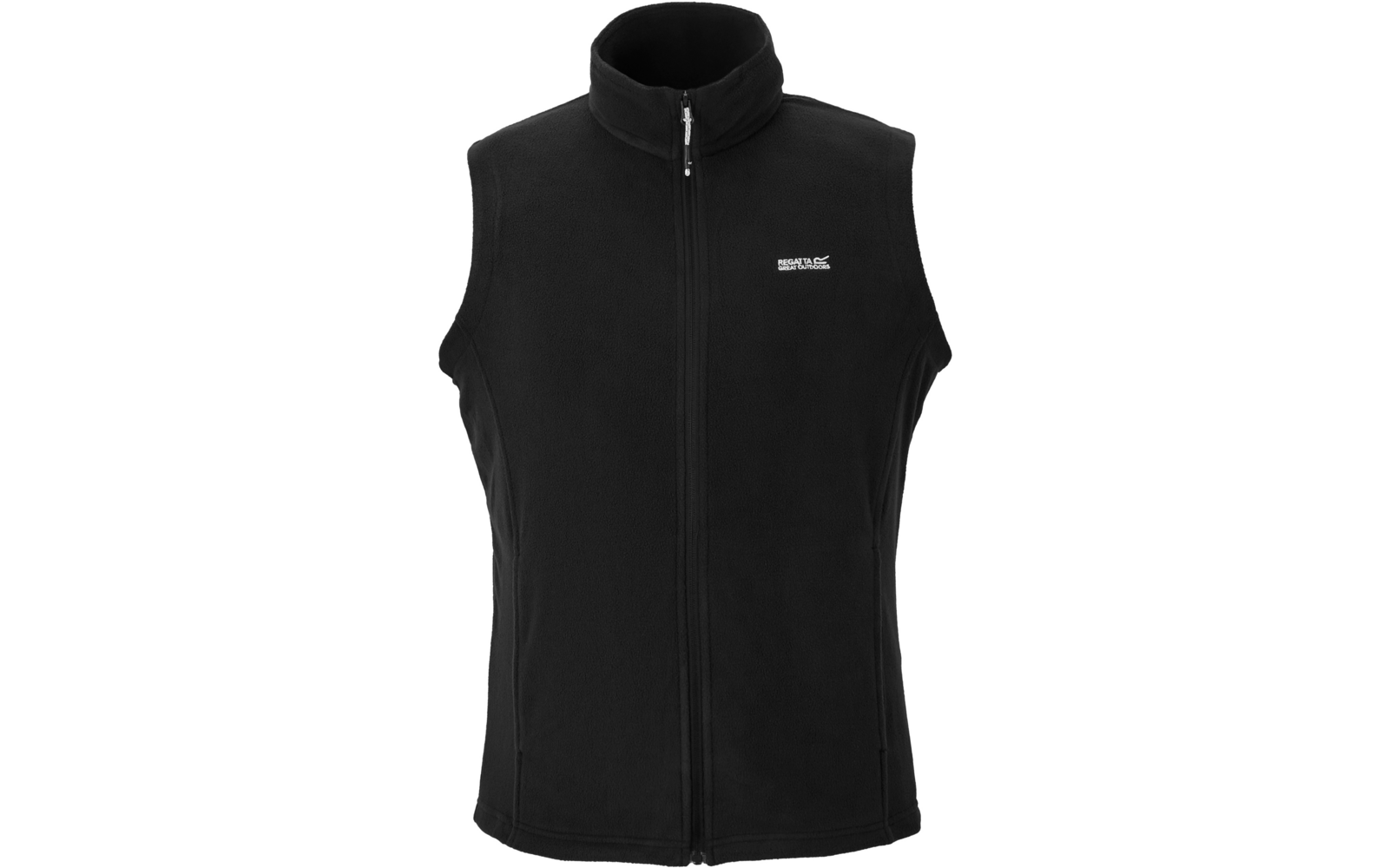 Zwarte mouwloze fleece-vest met rits over de hele lengte, opstaande kraag, twee zijritstassen en klein wit logo op de linkerborst, op witte achtergrond