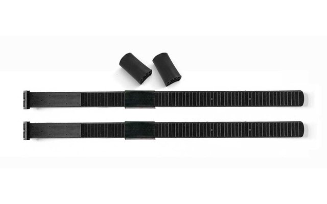 Deux sangles de fixation noires rainurées côte à côte, au-dessus deux courts manchons noirs, fond blanc