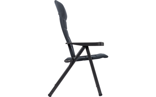 Vue de profil d'une chaise pliante avec dossier et assise rembourrés, accoudoir et structure métallique foncée