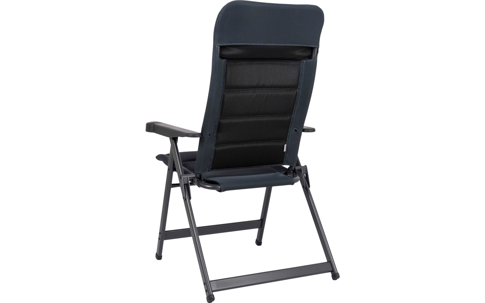 Vue arrière d'une chaise pliante rembourrée gris foncé avec structure métallique et accoudoirs