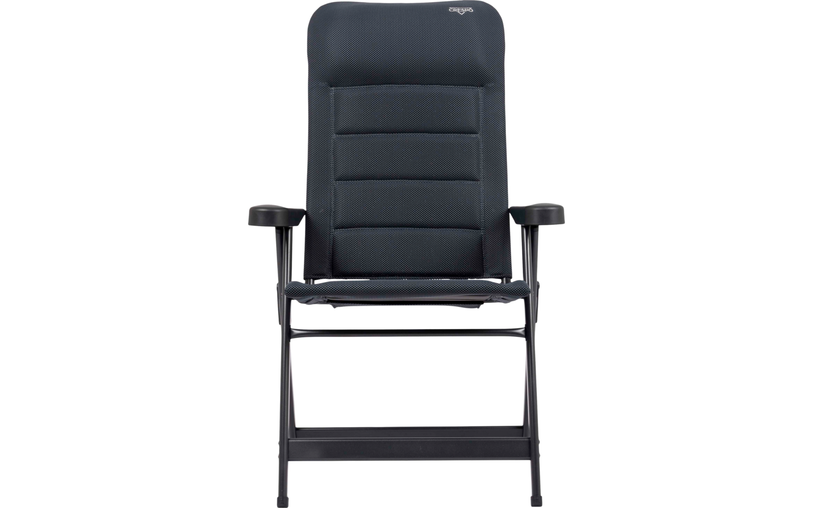 Fauteuil pliant rembourré bleu foncé avec accoudoirs et structure métallique noire sur fond blanc