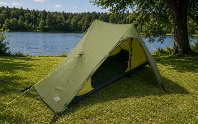 Groene tent op gras naast een meer, ingang open, bomen en lucht op de achtergrond