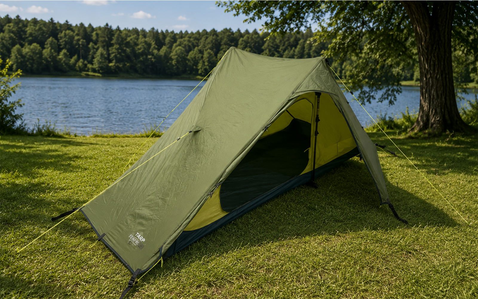 Groene tent op gras naast een meer, ingang open, bomen en lucht op de achtergrond